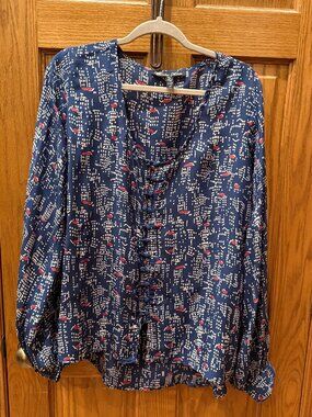 Winter Kale Vintage Silk, Navy/Red/White Block Print Blouse, SZ L